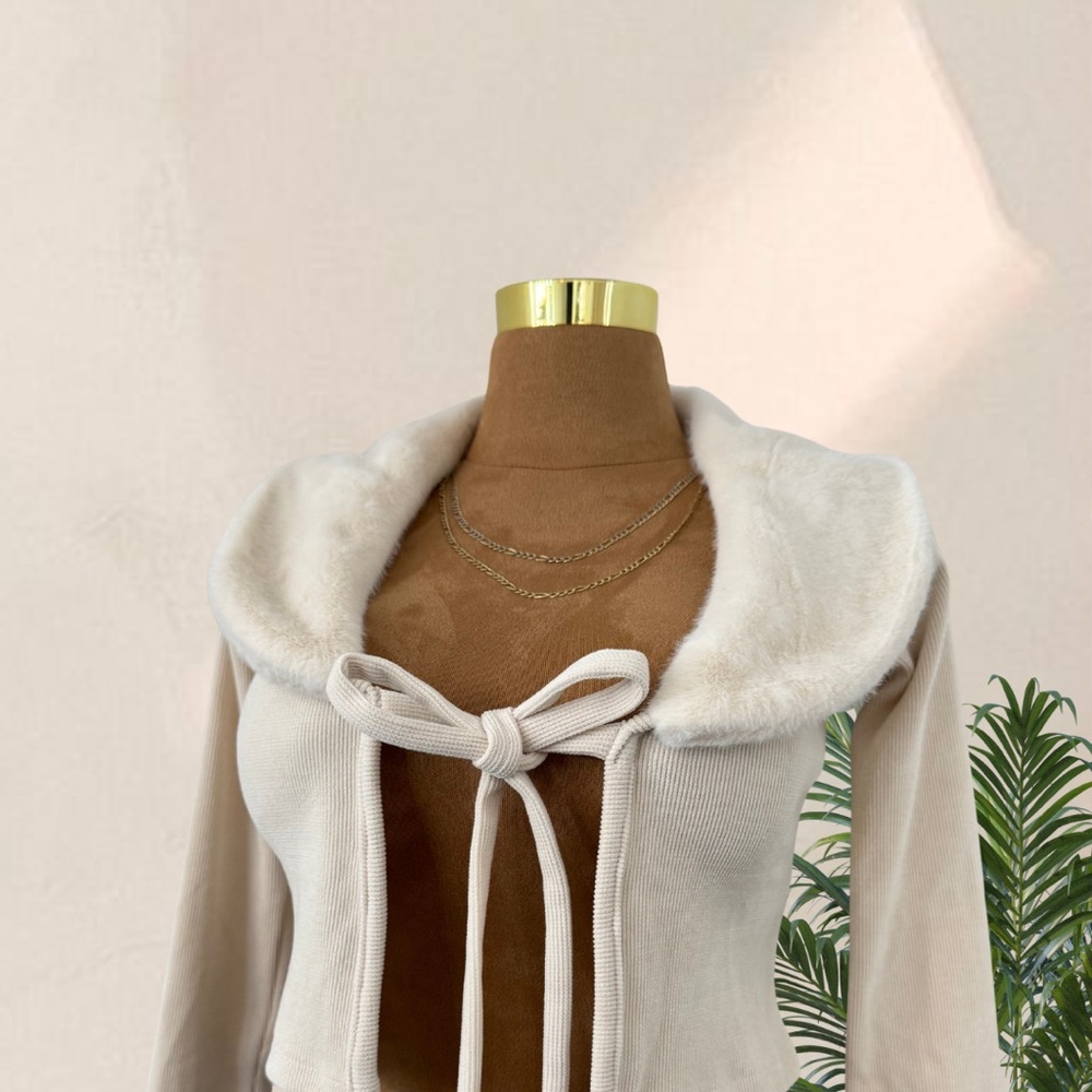 Cream Tie-Front Cardigan with Faux Fur Collar
